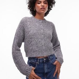 Topshop knitted cropped fluffy cable cardigan in grey